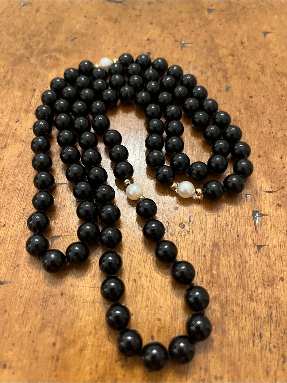 Black Onyx, Genuine Pearls 14k Gold Beads Necklace 32 inches